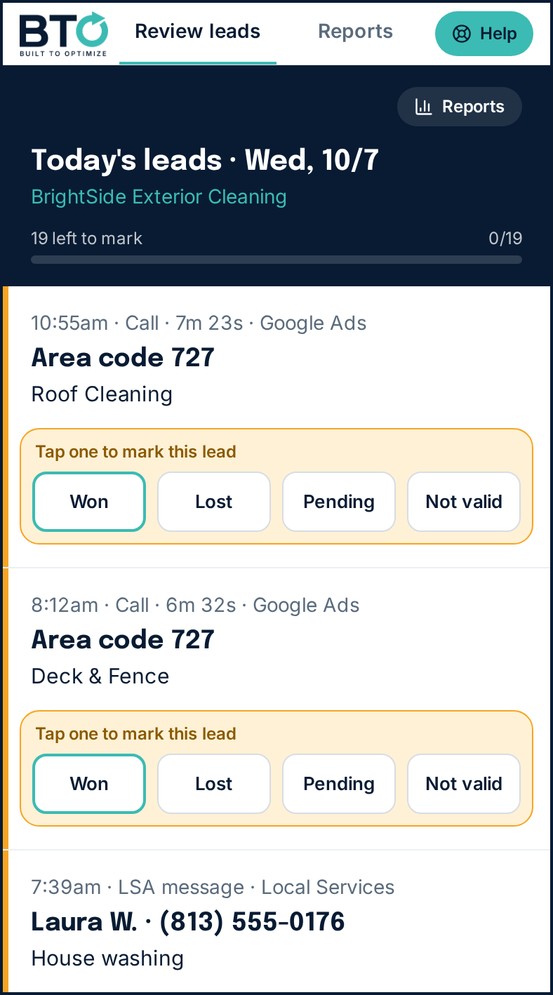 BTO lead portal review screen on a phone, with Won, Lost, Pending and Not valid buttons on each lead